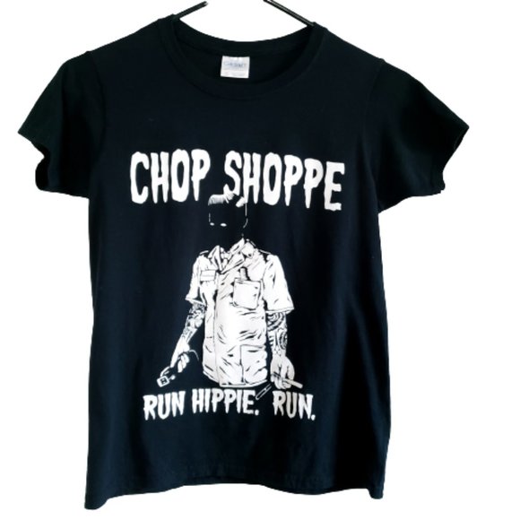 Gildan Run Hippie Run Chop Shoppe T-Shirt Womens Size XS Graphic Black/White - Picture 1 of 9